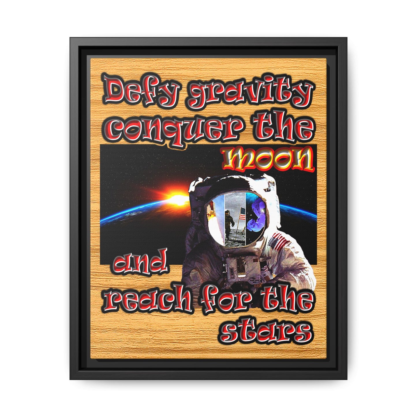 defy conquer reach - framed canvas art (butterscotch wood finish)