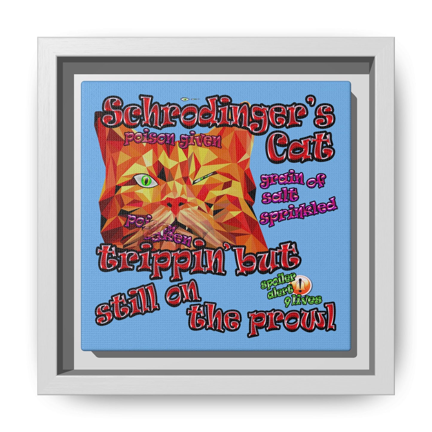 schrodinger's cat - framed canvas art (light blue)