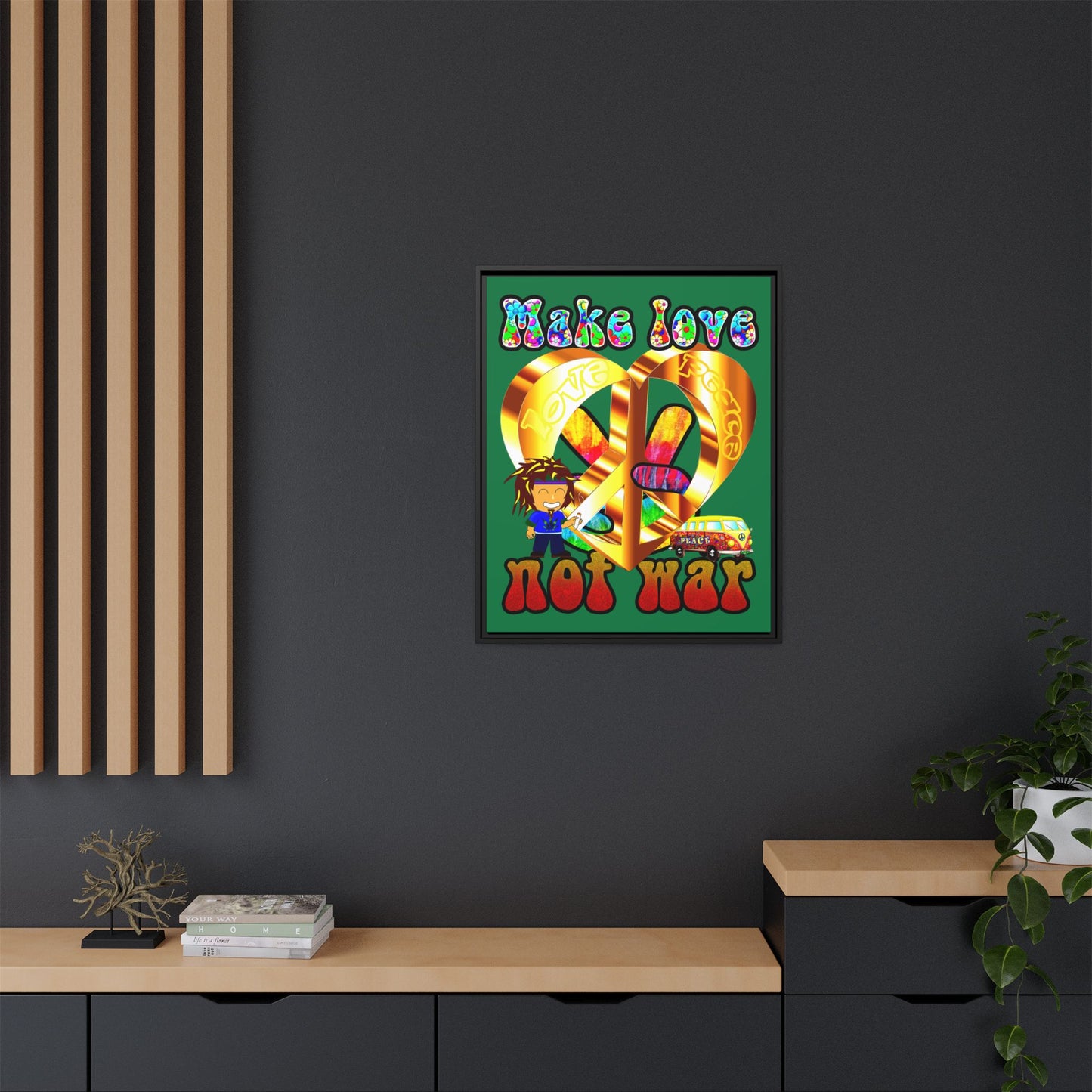 love peace - framed canvas art (dark green)