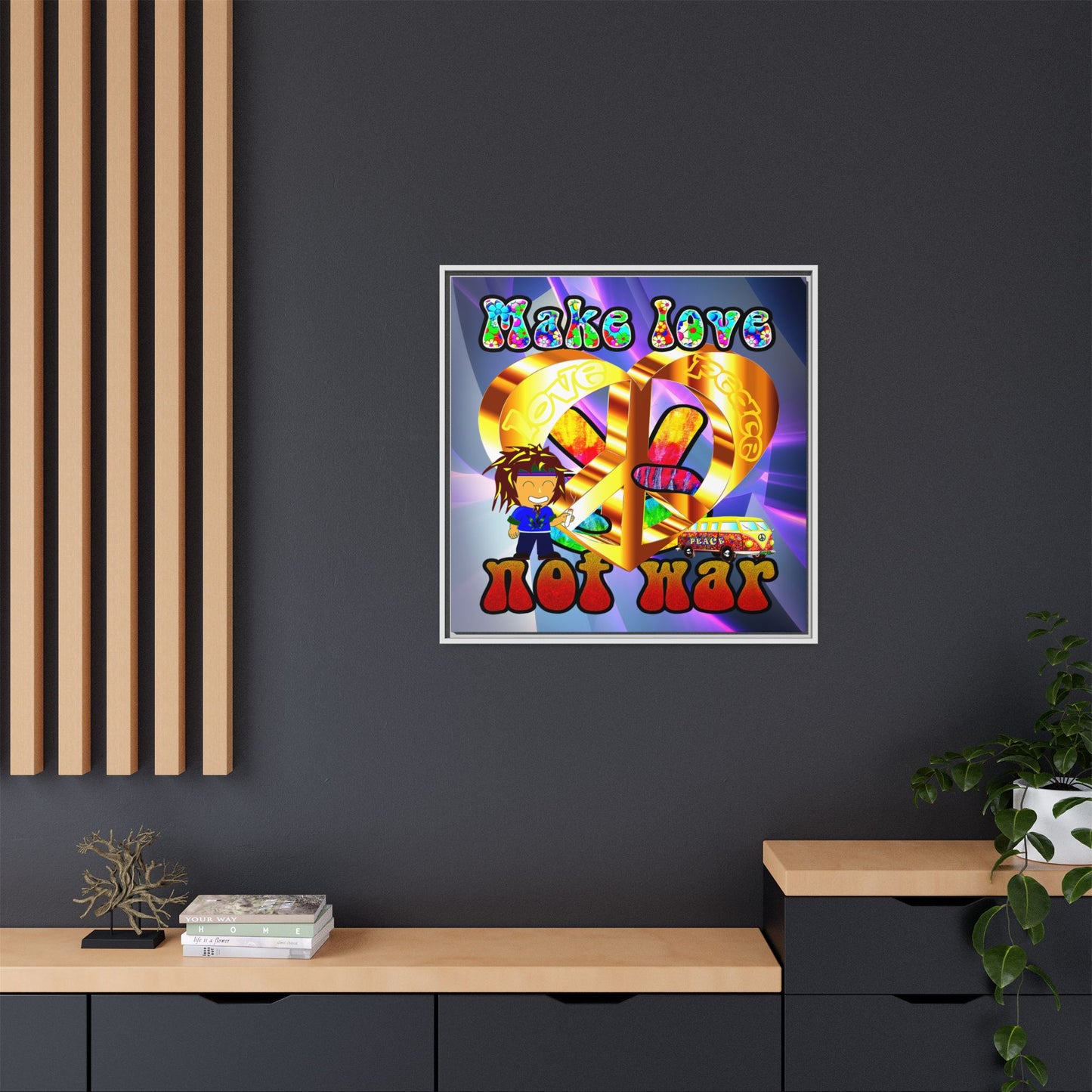 love peace - framed canvas art (grey-pink wave)