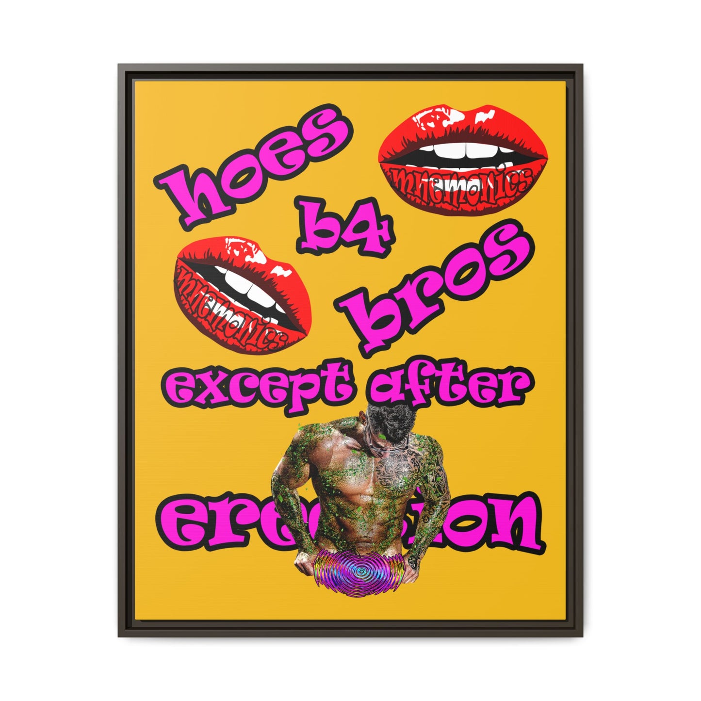 hoes b4 bros - framed canvas art (yellow)