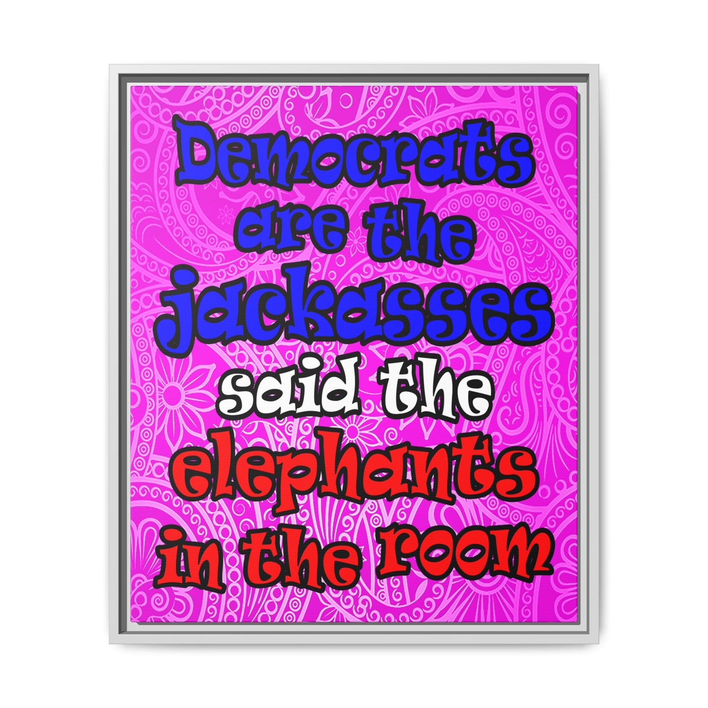 donkeys and elephants - framed canvas art (pink swirl)