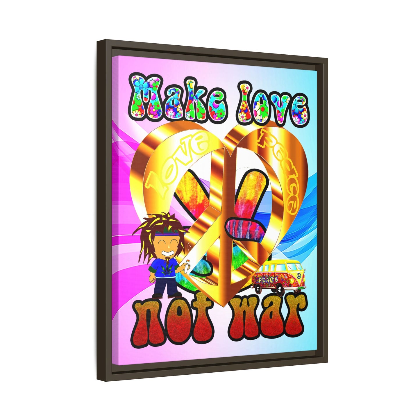 love peace - framed canvas art (light blue-pink wave)