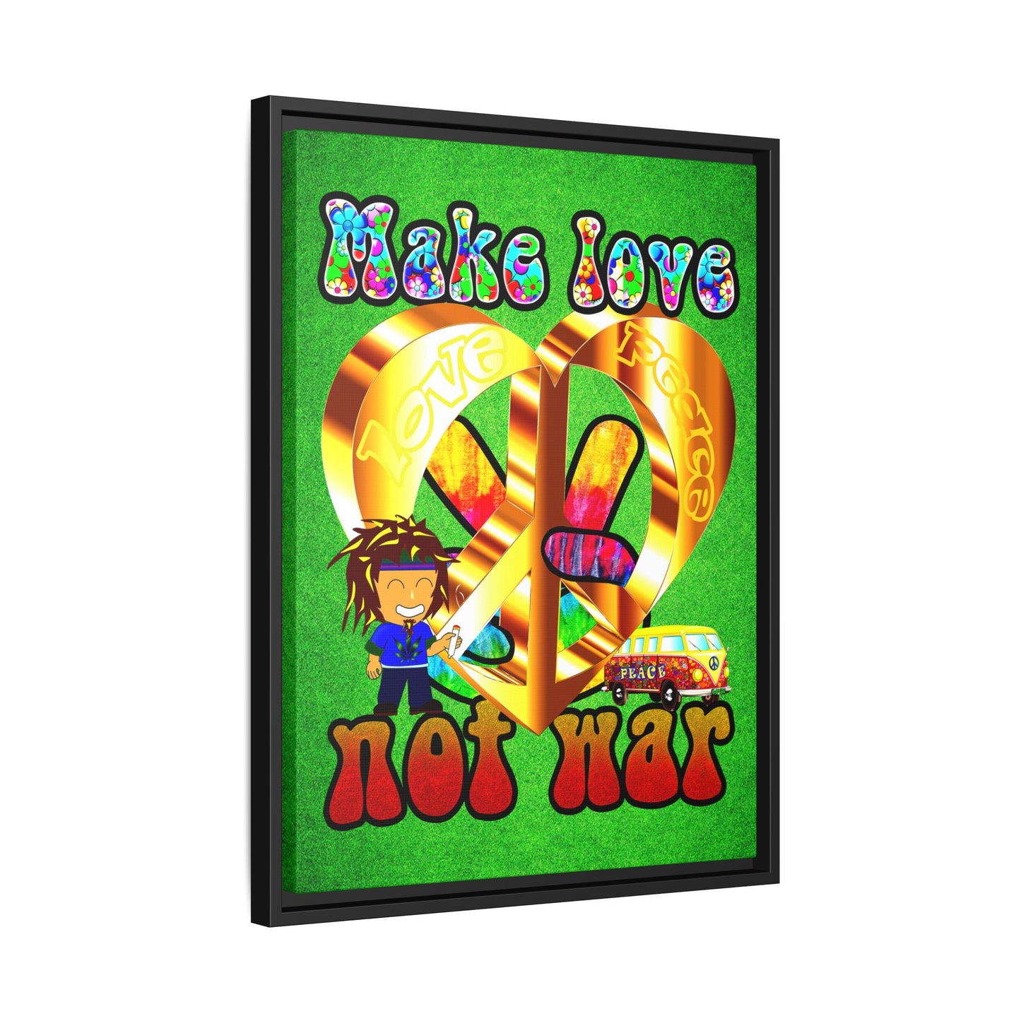 love peace - framed canvas art (green turf)