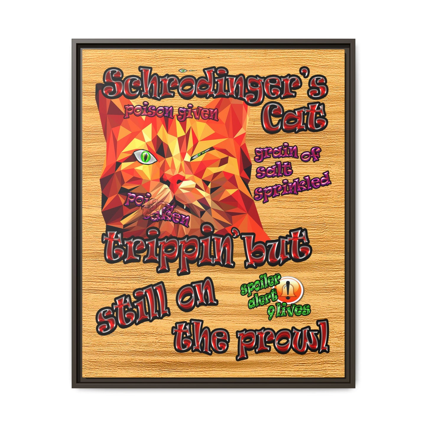 schrodinger's cat - framed canvas art (butterscotch wood finish)