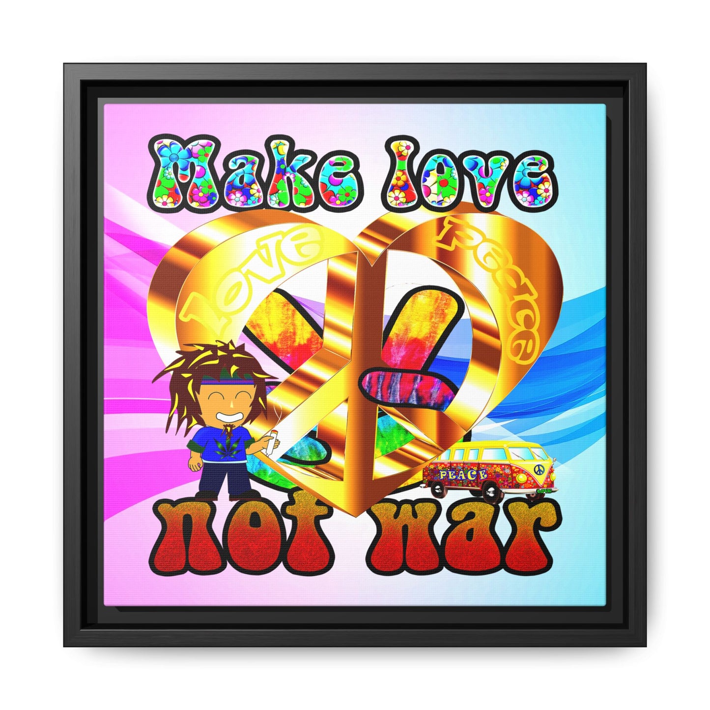 love peace - framed canvas art (light blue-pink wave)