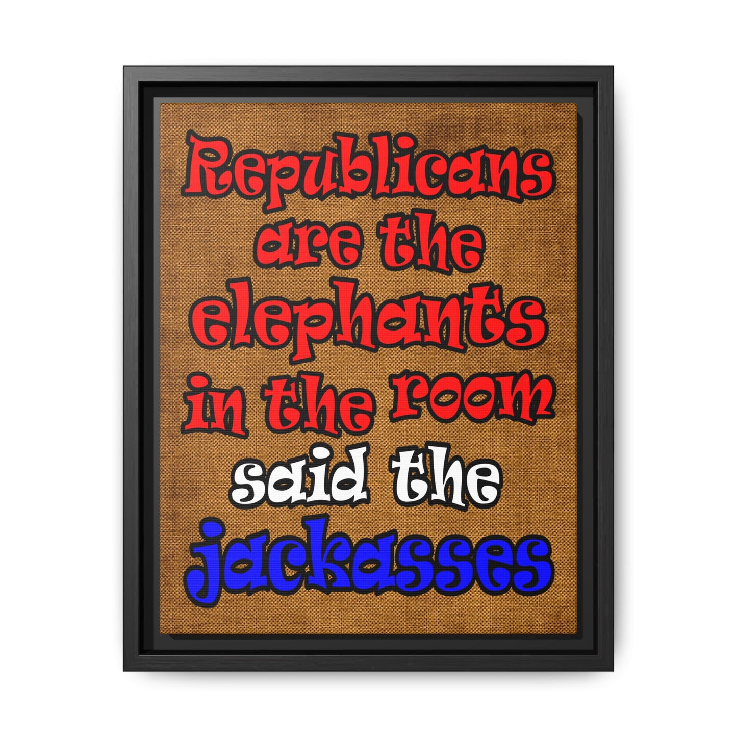 donkeys and elephants - framed canvas art (brown papyrus)