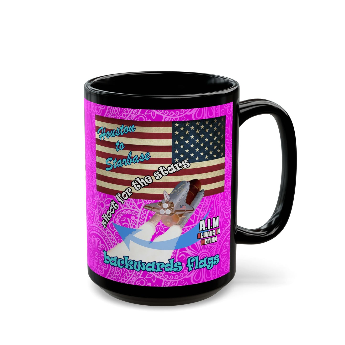 shoot for the stars - Black Mug (pink swirl)