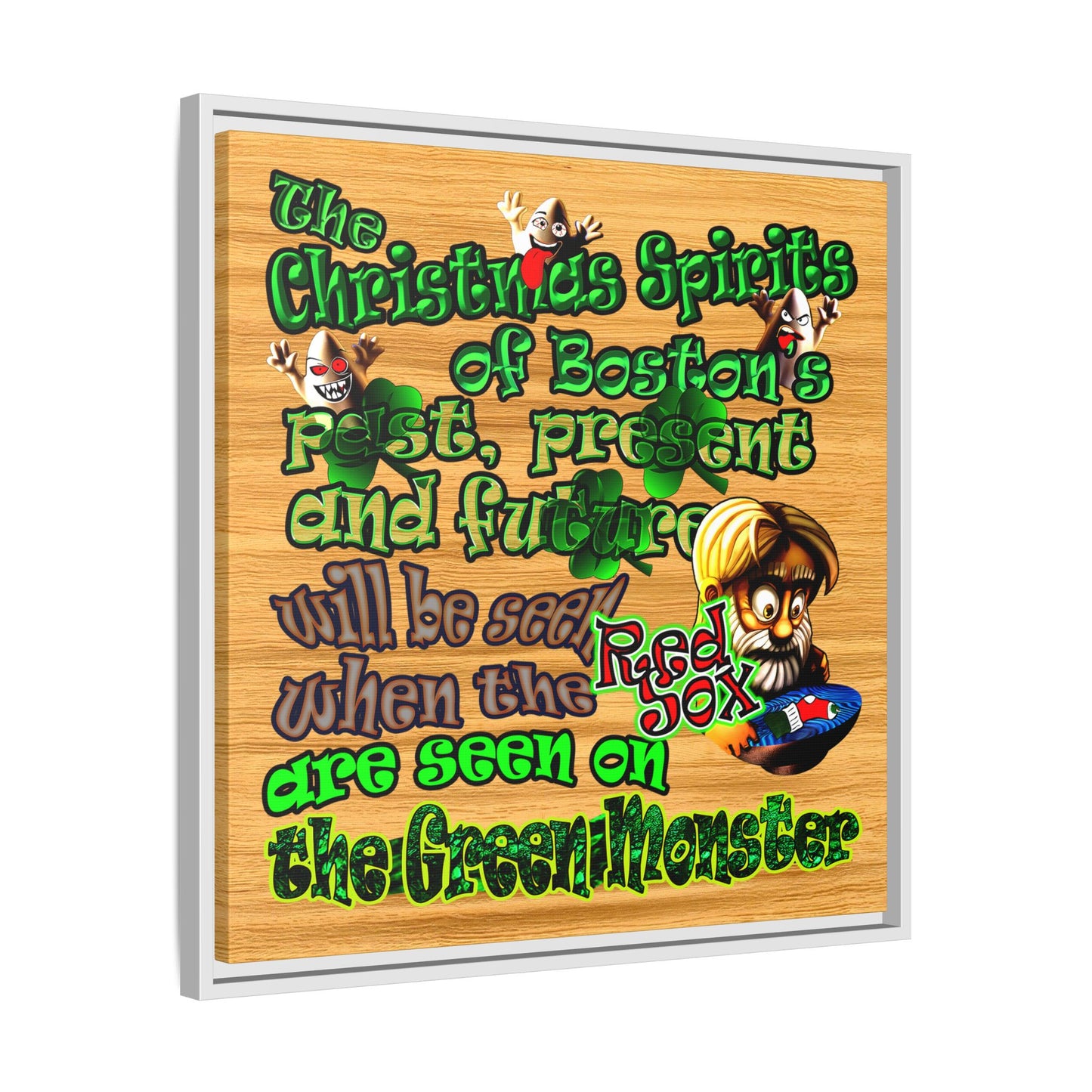 christmas spirits of boston - framed canvas art (butterscotch wood finish)