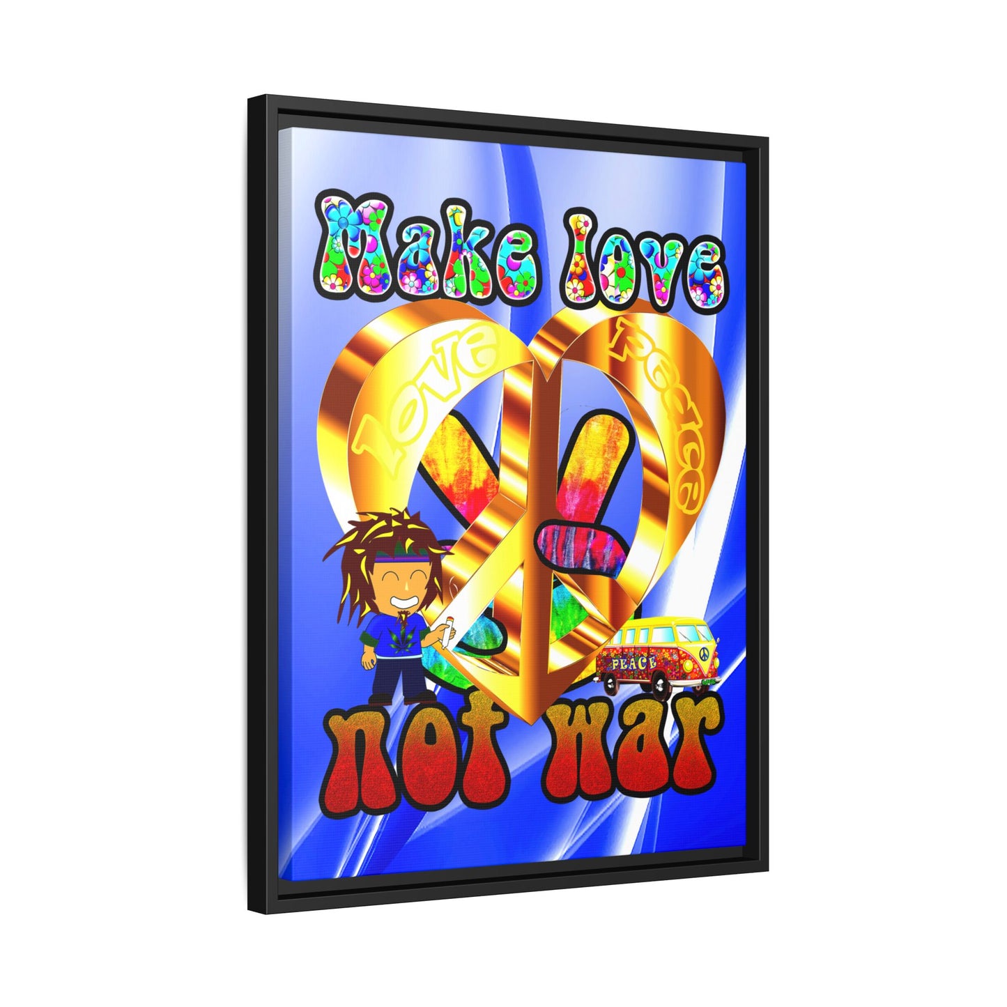 love peace - framed canvas art (blue-white wave)