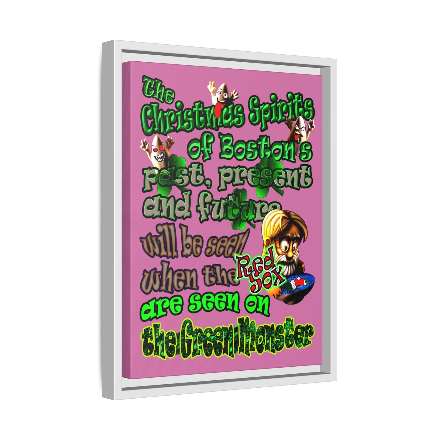 christmas spirits of boston - framed canvas art (light pink)