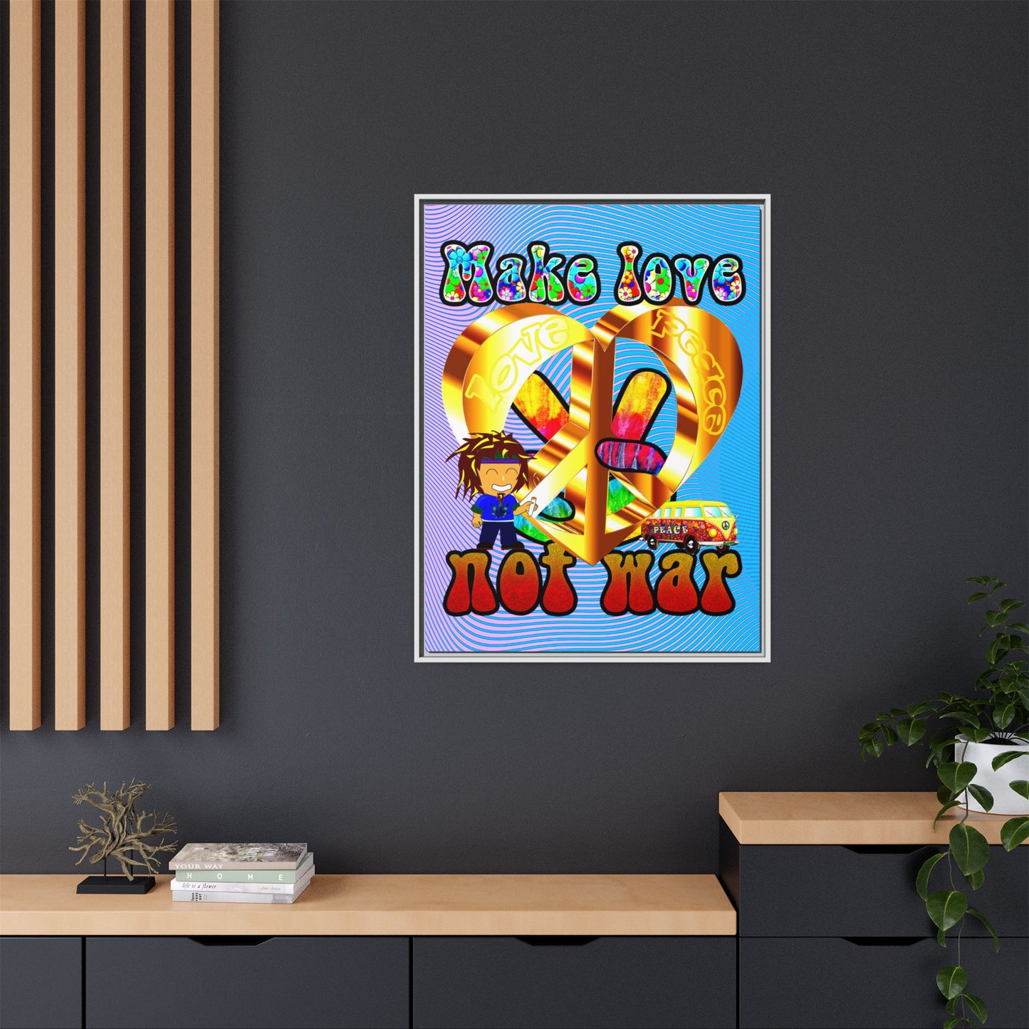 love peace - framed canvas art (light blue-purple wave)