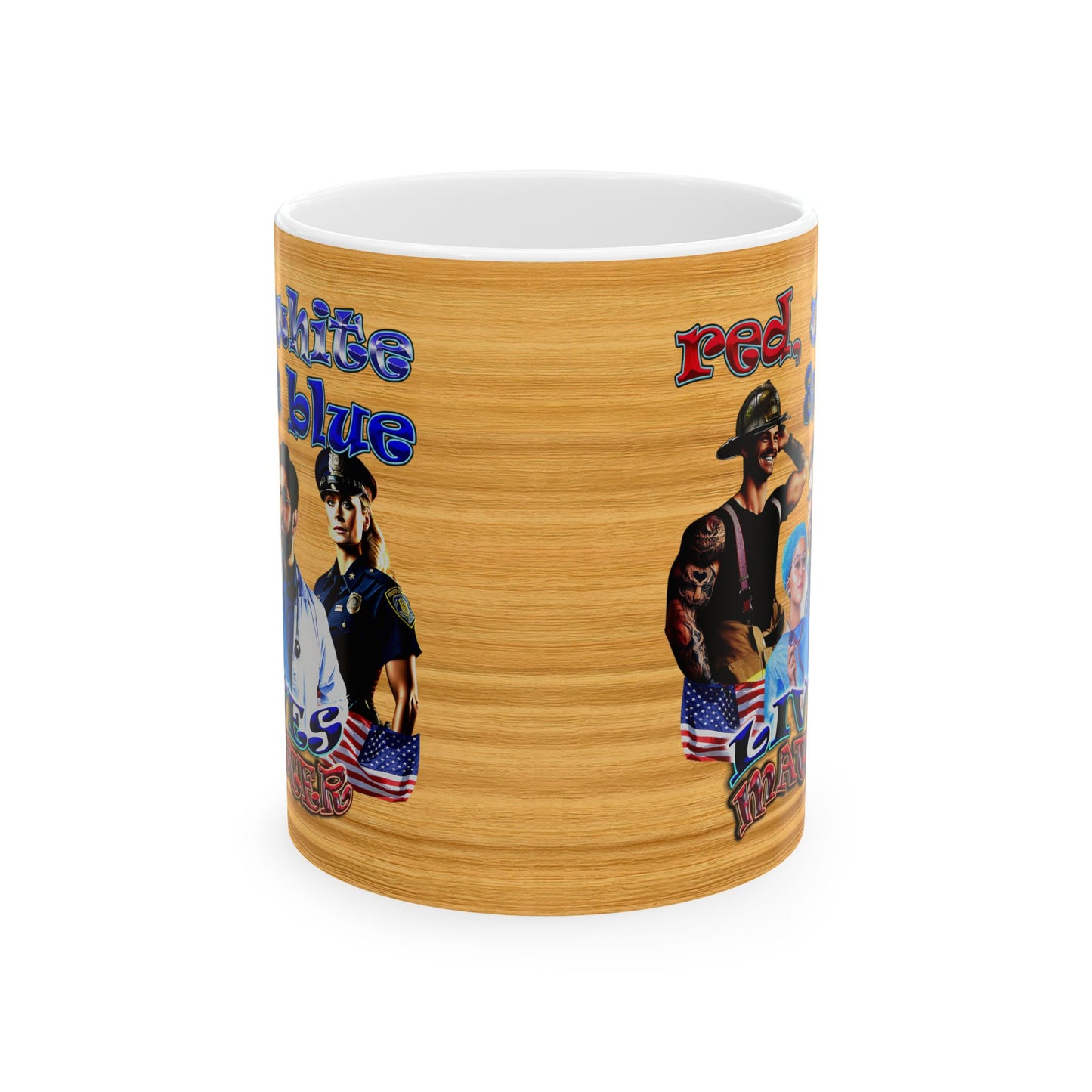 rw&b lives matter - White Mug (butterscotch wood finish)