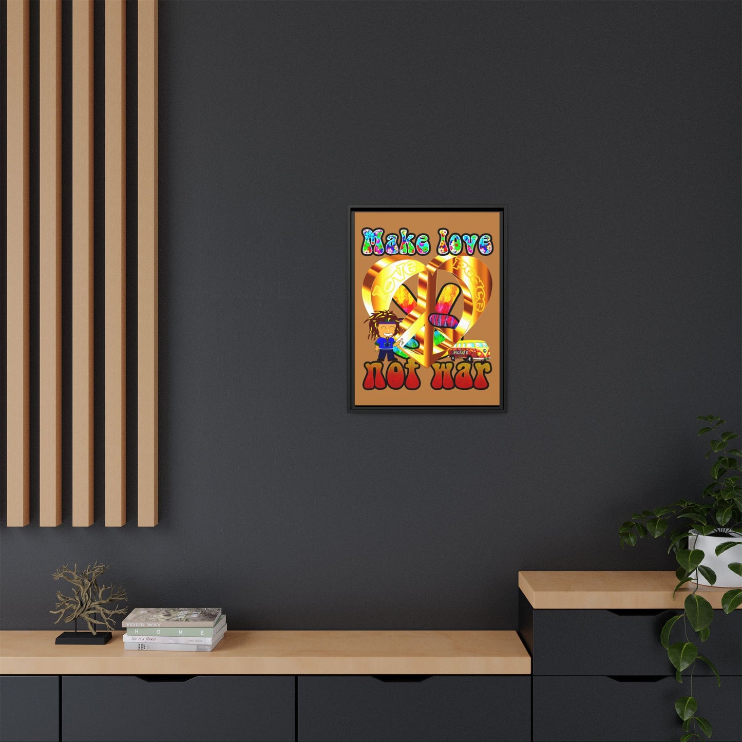 love peace - framed canvas art (light brown)
