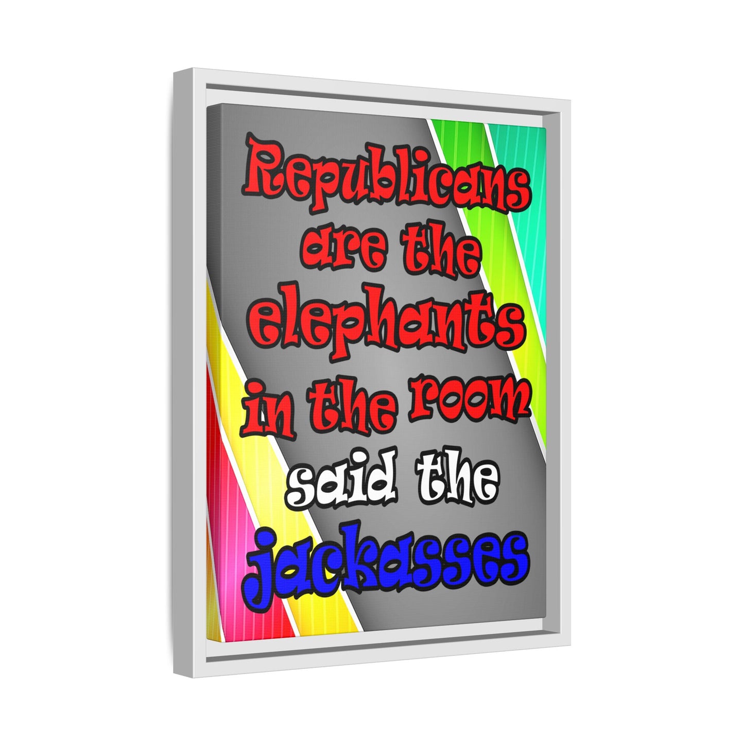 donkeys and elephants - framed canvas art (rainbow split)