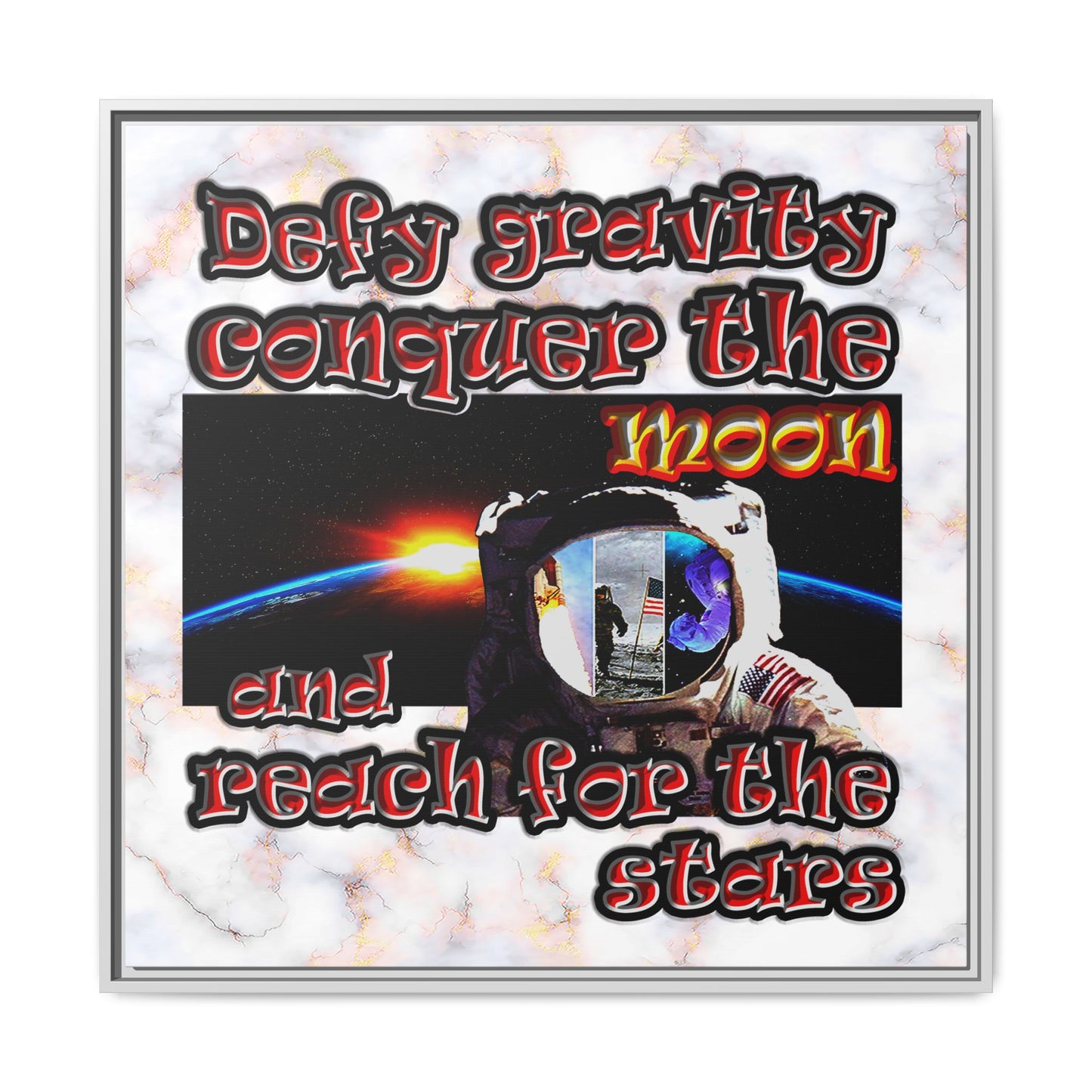 defy conquer reach - framed canvas art (white marble)