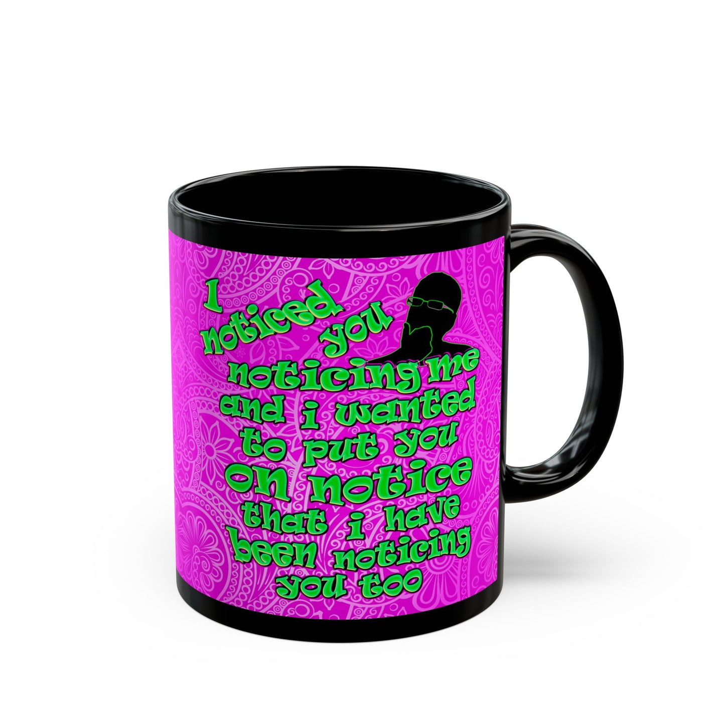 noticed you noticing - Black Mug (pink swirl)