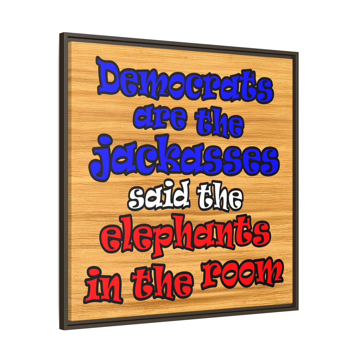 donkeys and elephants - framed canvas art (butterscotch wood finish)