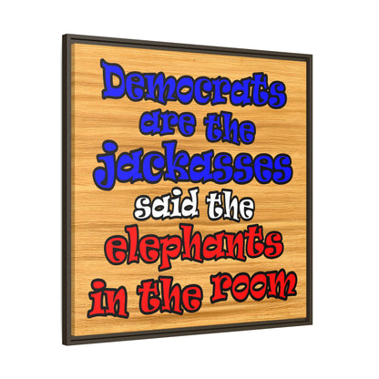 donkeys and elephants - framed canvas art (butterscotch wood finish)
