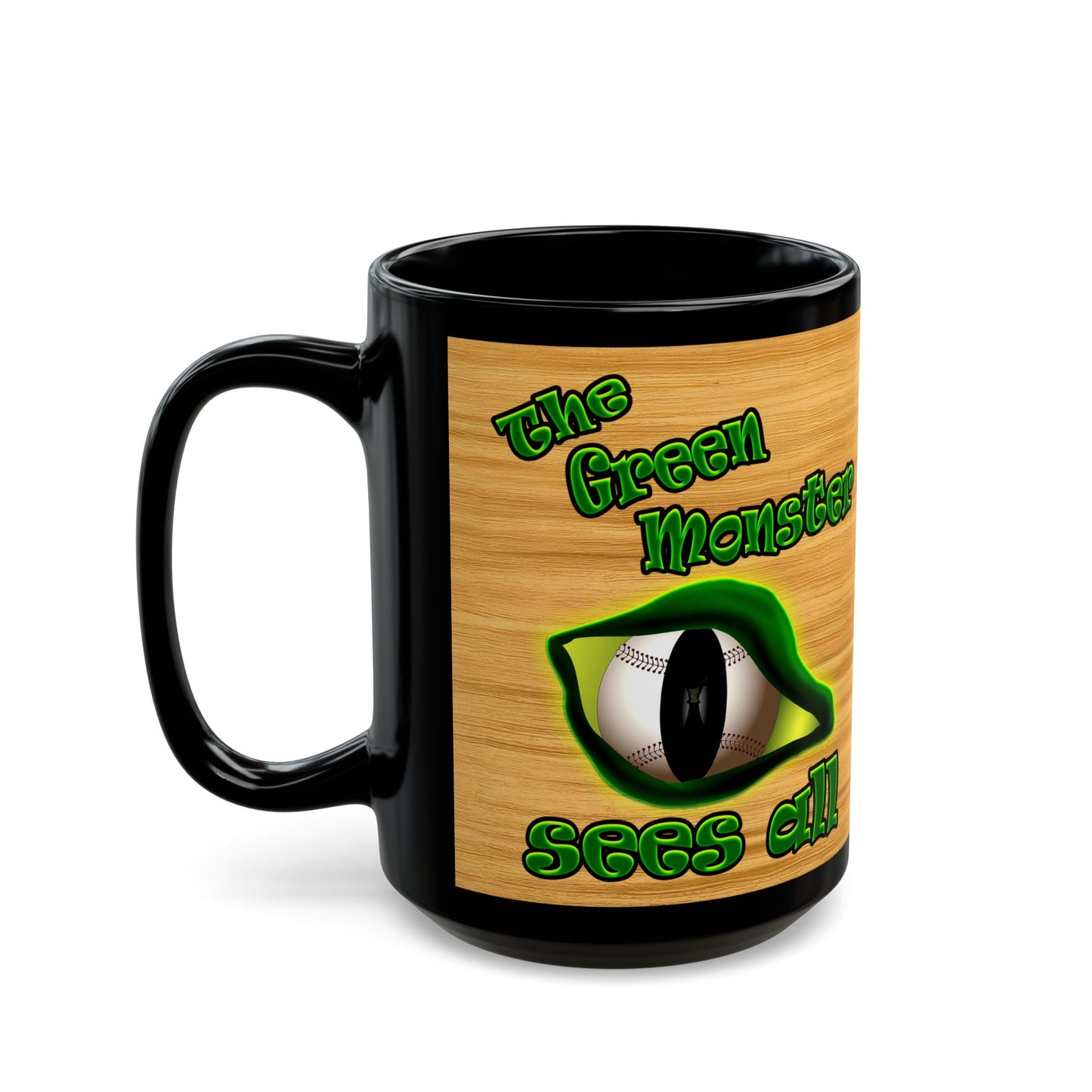 green monster - Black Mug (butterscotch wood finish)