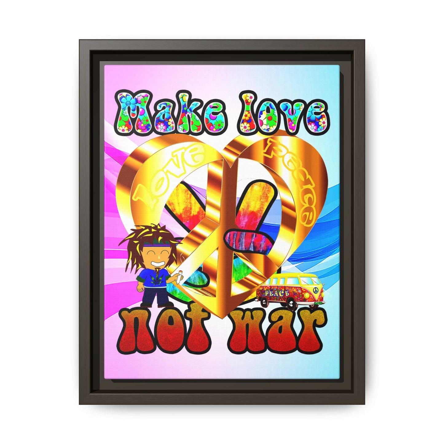 love peace - framed canvas art (light blue-pink wave)