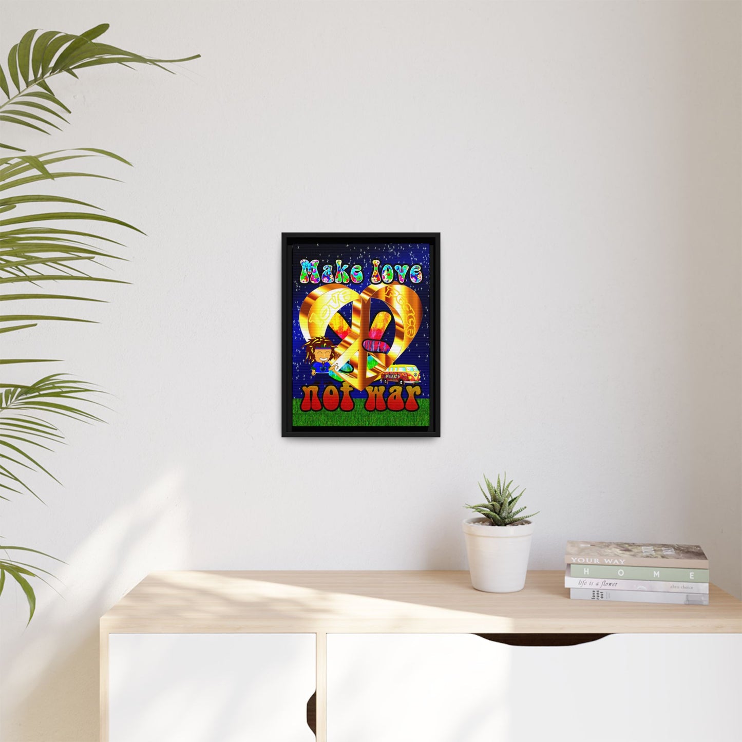 love peace - framed canvas art ('snoops' background)