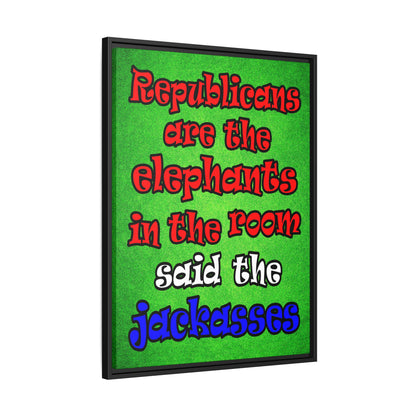 donkeys and elephants - framed canvas art (green turf)
