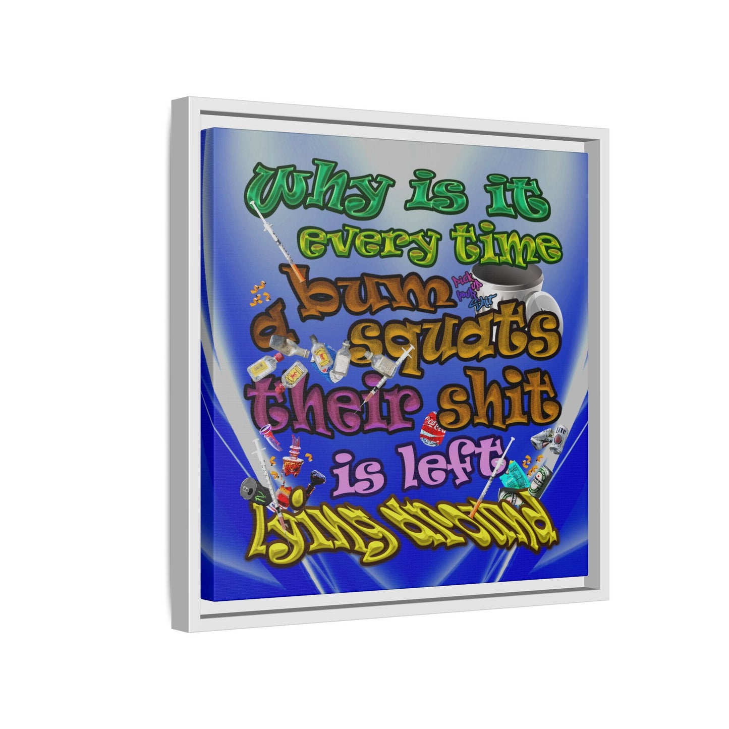 the bum's shit - framed canvas art (blue-white wave)