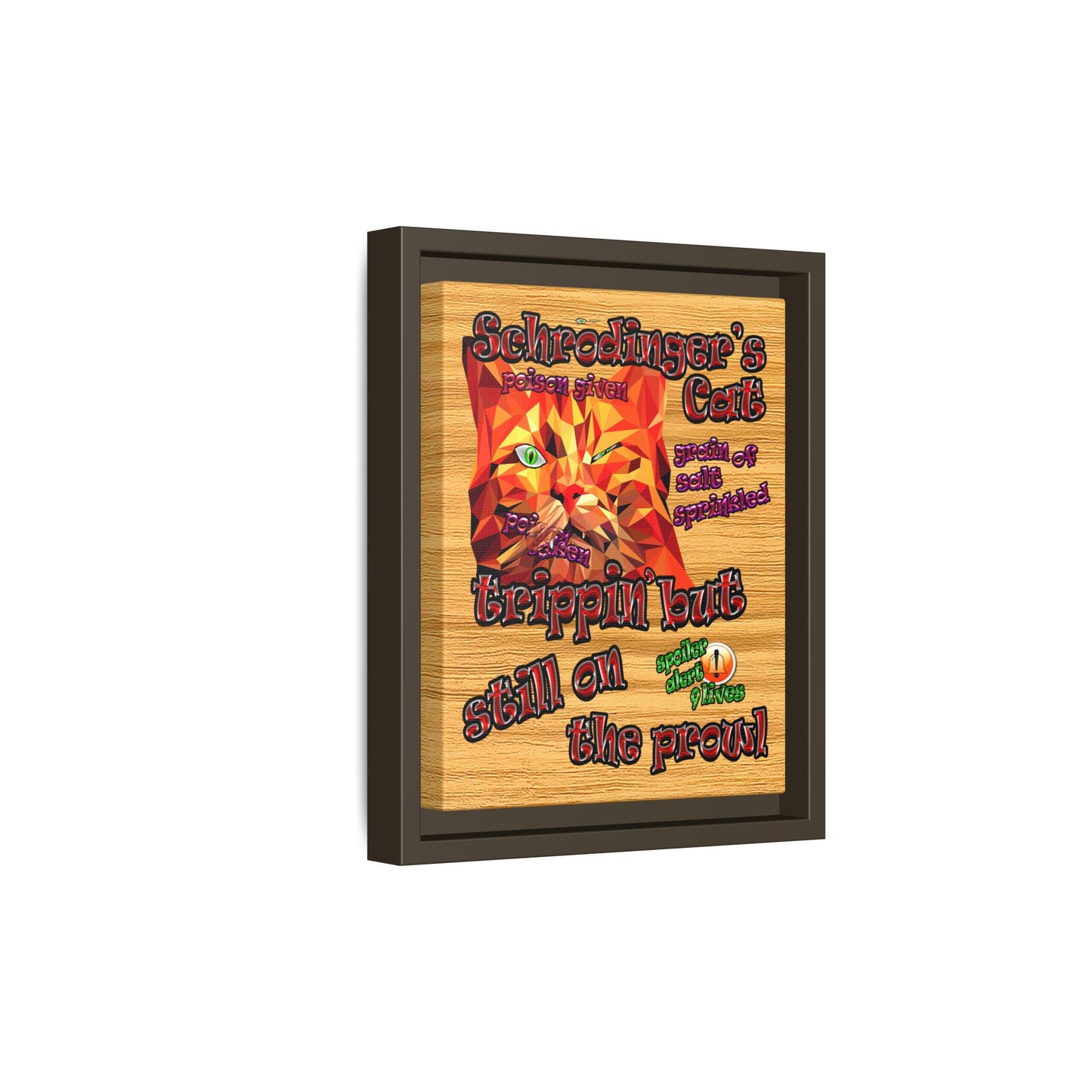 schrodinger's cat - framed canvas art (butterscotch wood finish)