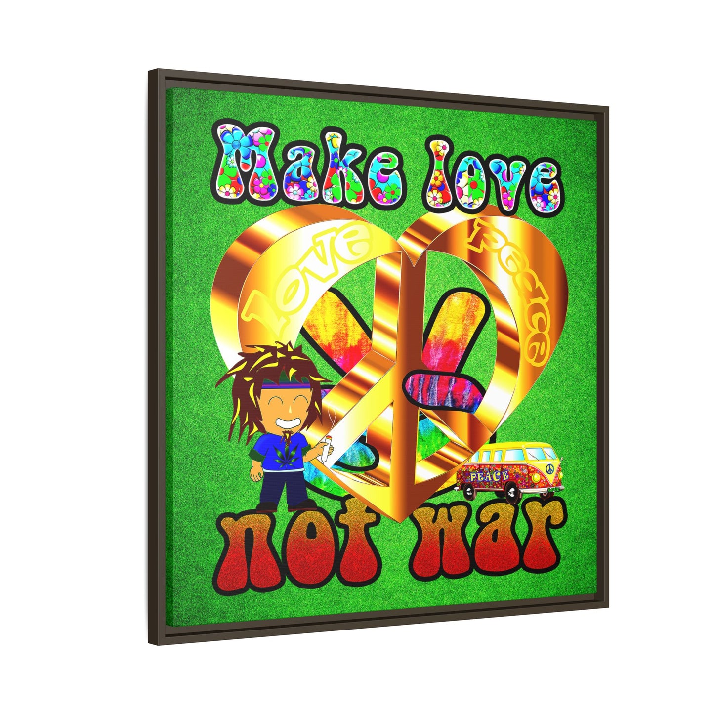 love peace - framed canvas art (green turf)