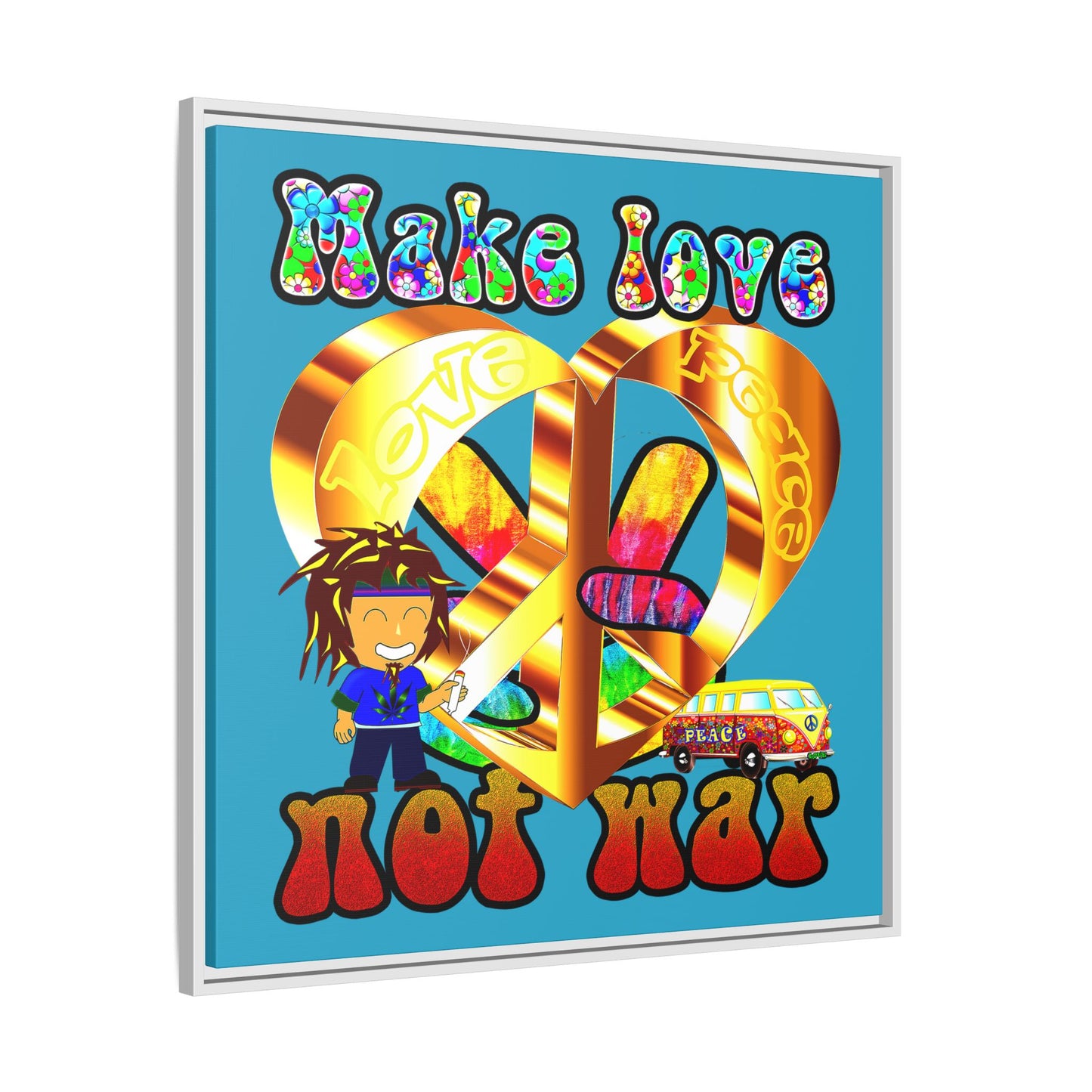 love peace - framed canvas art (turquoise)