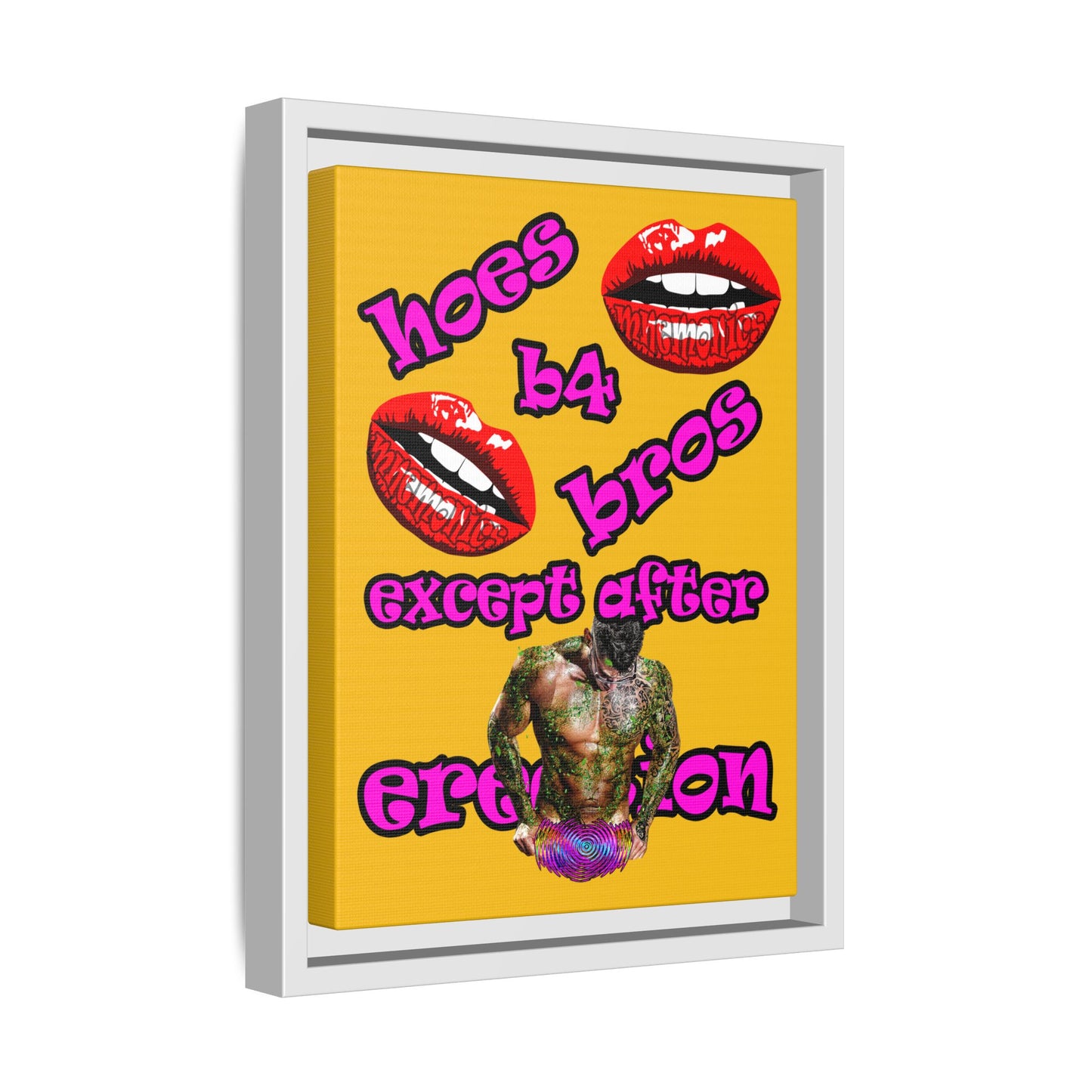 hoes b4 bros - framed canvas art (yellow)
