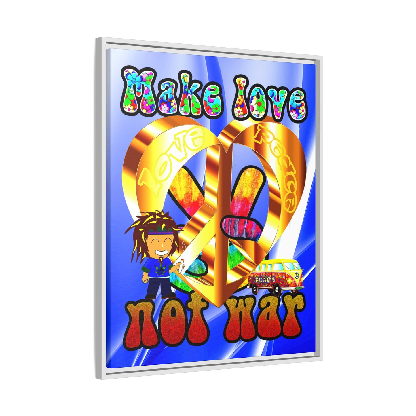 love peace - framed canvas art (blue-white wave)
