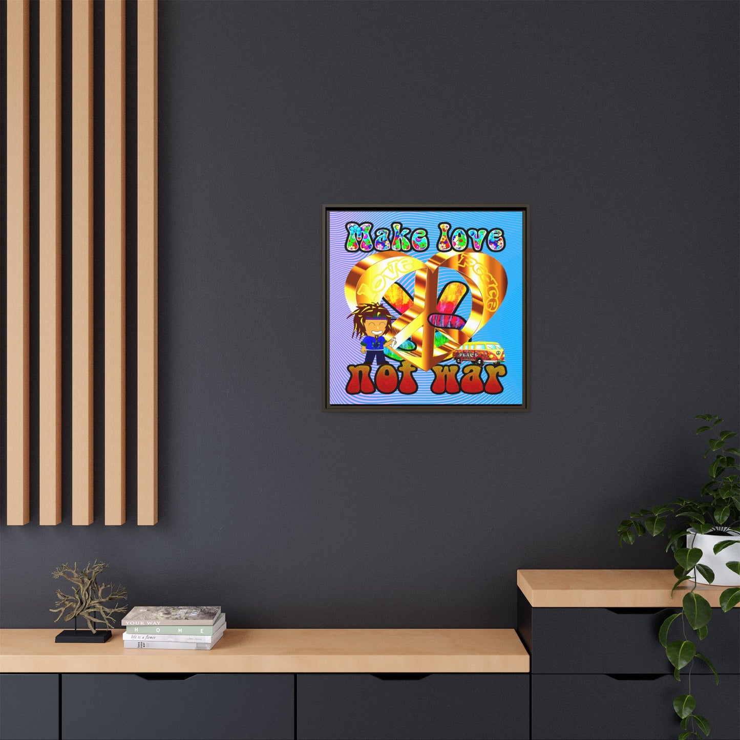 love peace - framed canvas art (light blue-purple wave)