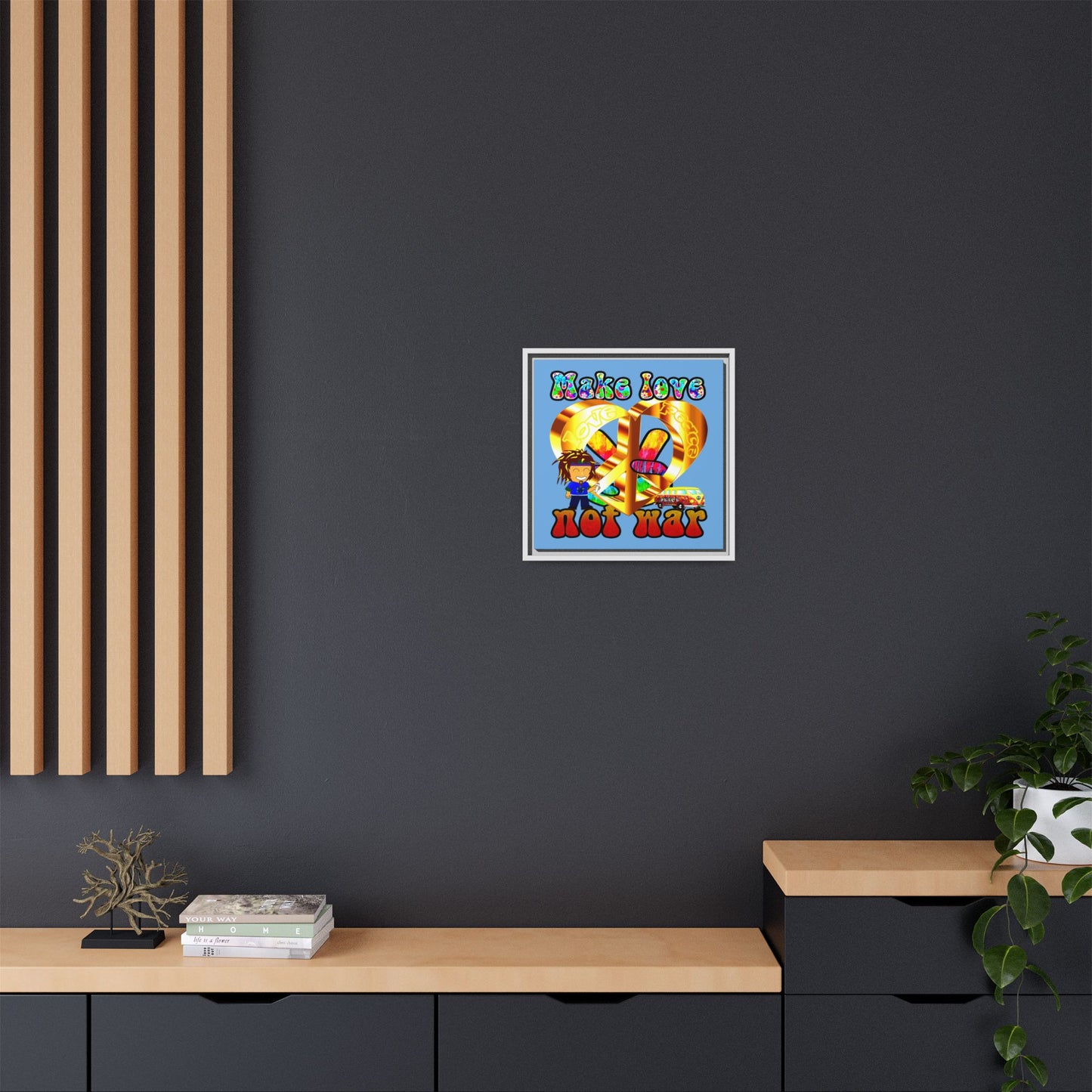 love peace - framed canvas art (light blue)