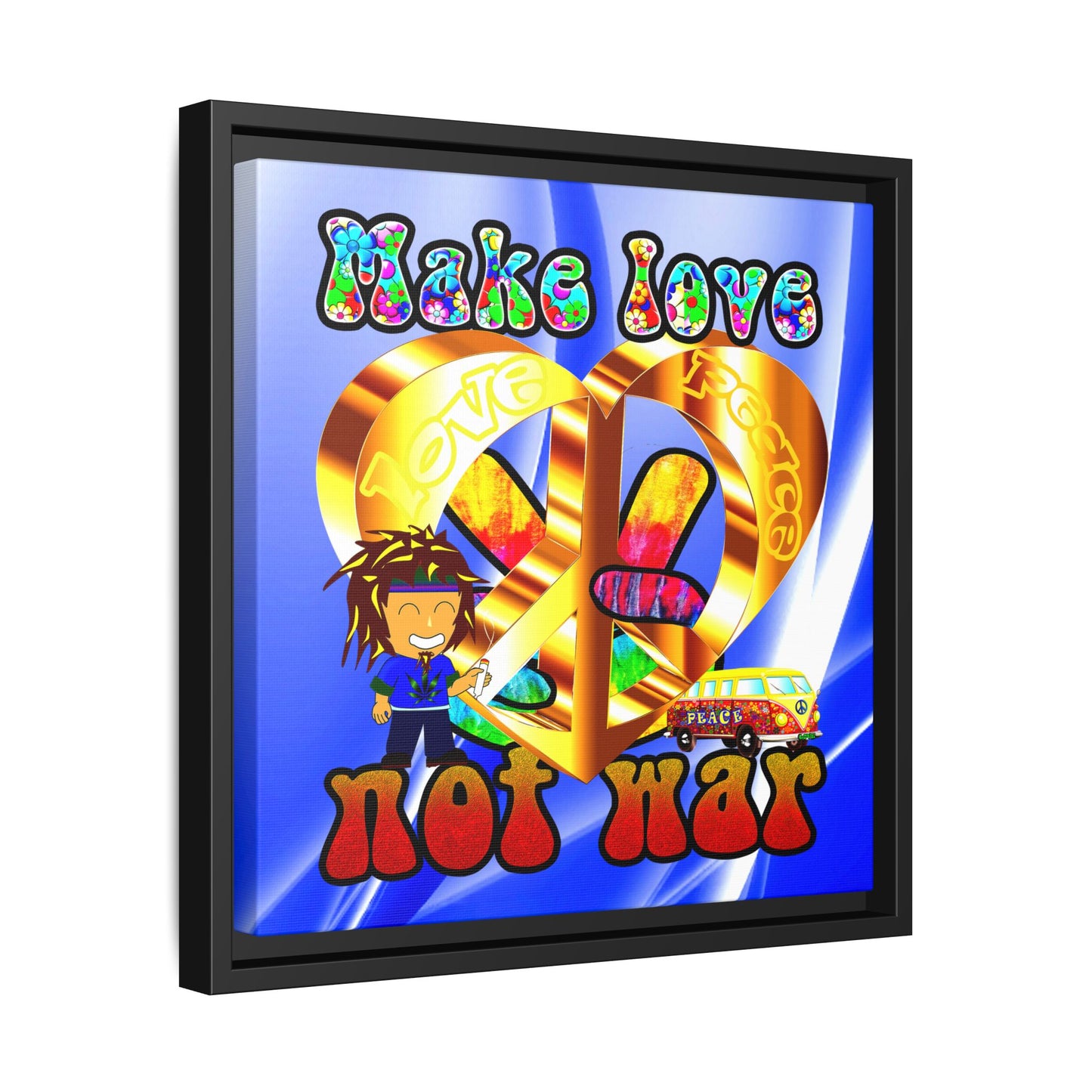 love peace - framed canvas art (blue-white wave)