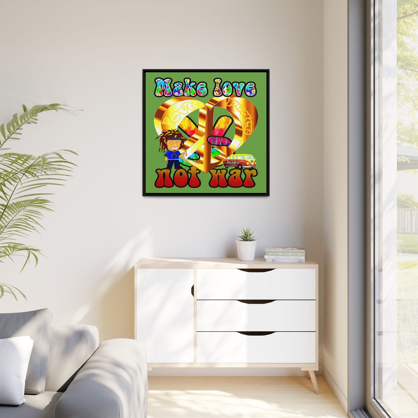 love peace - framed canvas art (green)