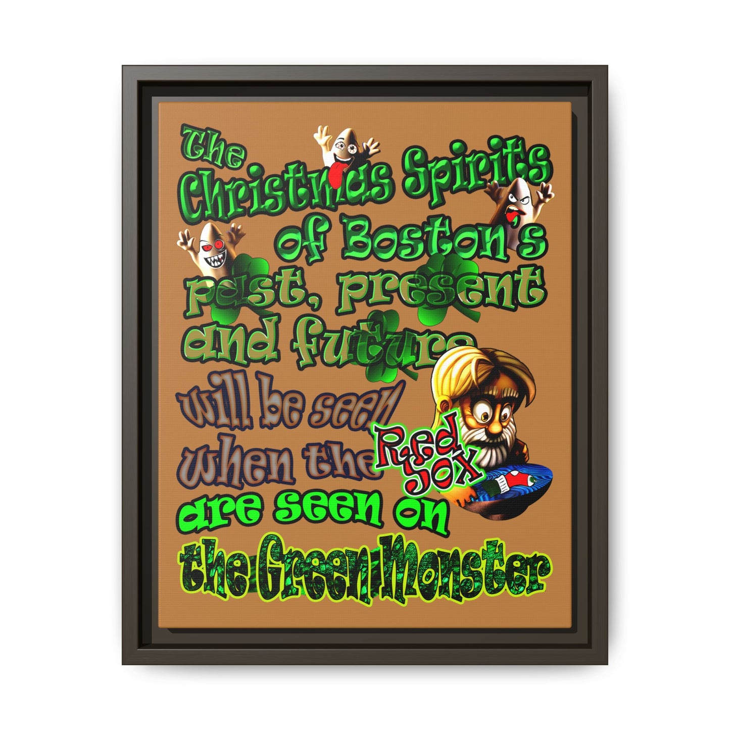 christmas spirits of boston - framed canvas art (light brown)