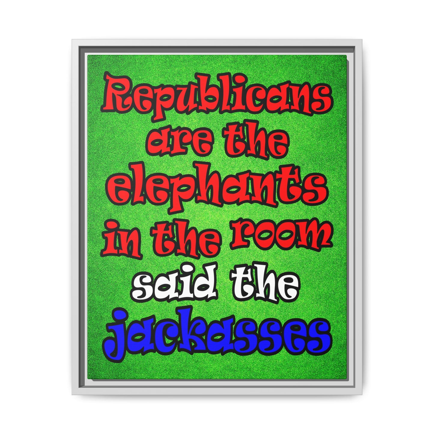 donkeys and elephants - framed canvas art (green turf)