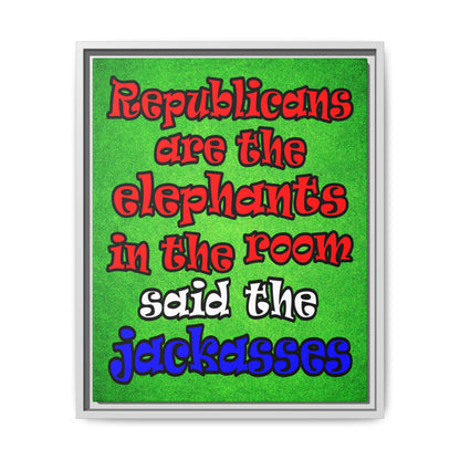 donkeys and elephants - framed canvas art (green turf)
