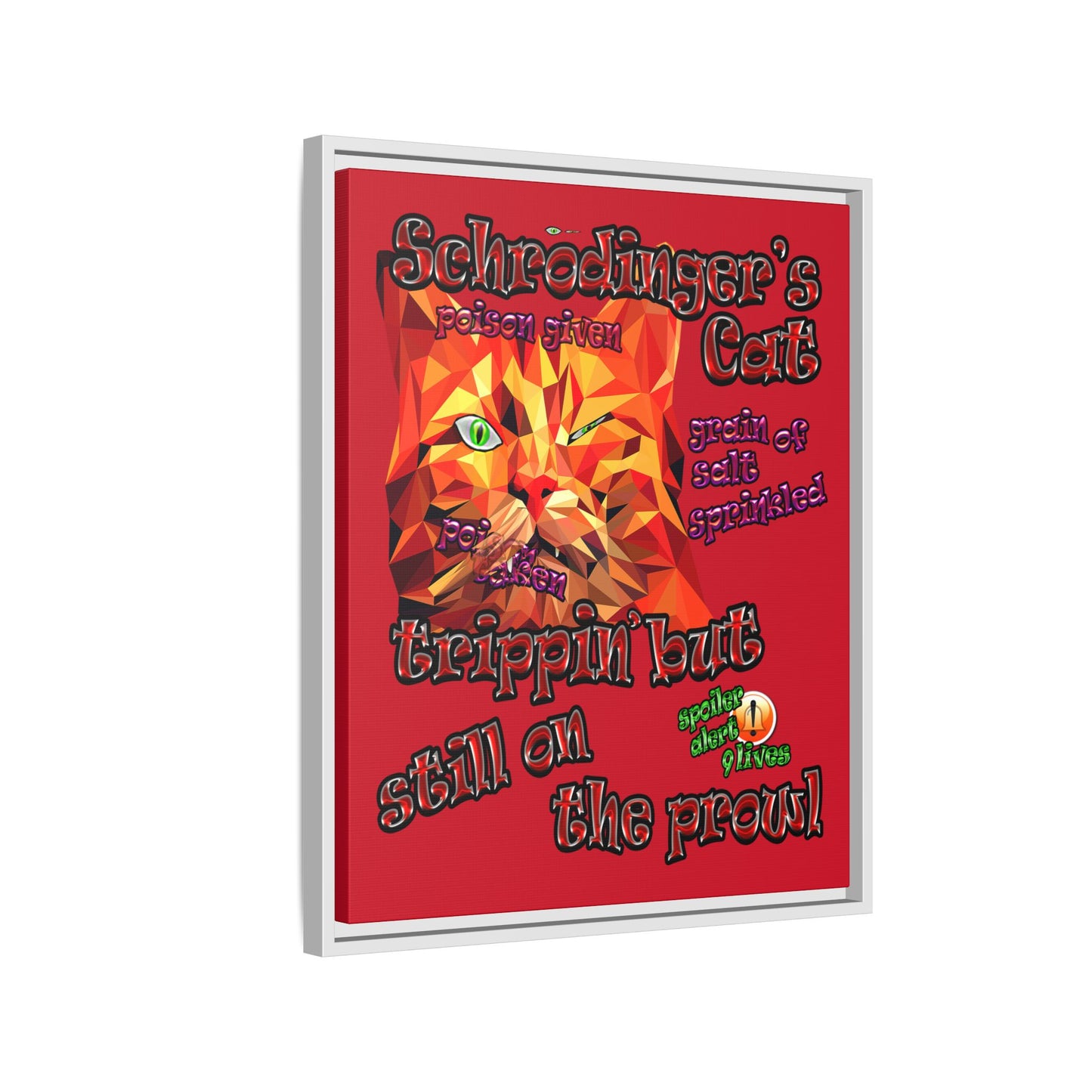 schrodinger's cat - framed canvas art (dark red)