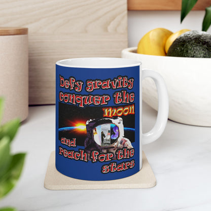 defy conquer reach - White Mug (dark blue)