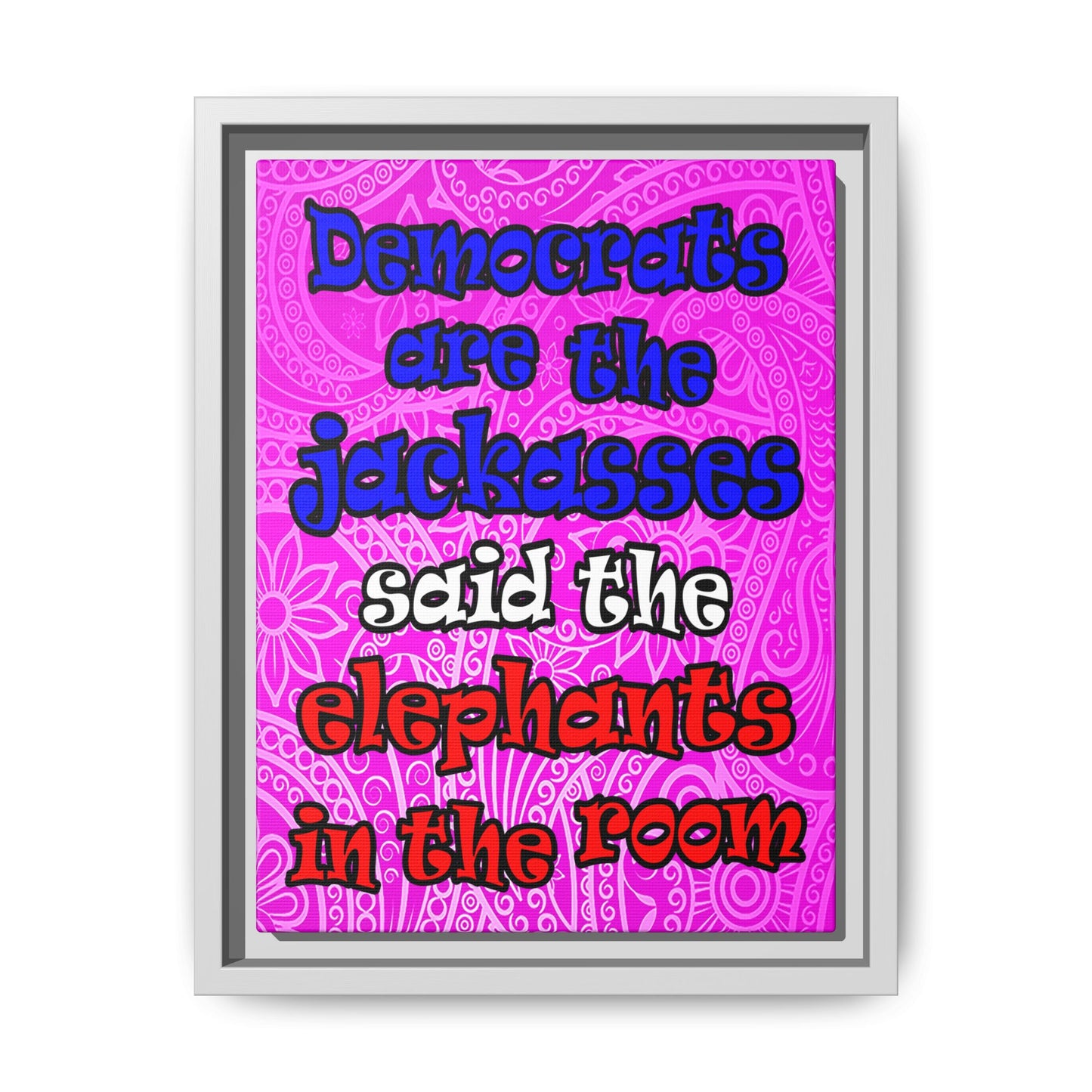 donkeys and elephants - framed canvas art (pink swirl)