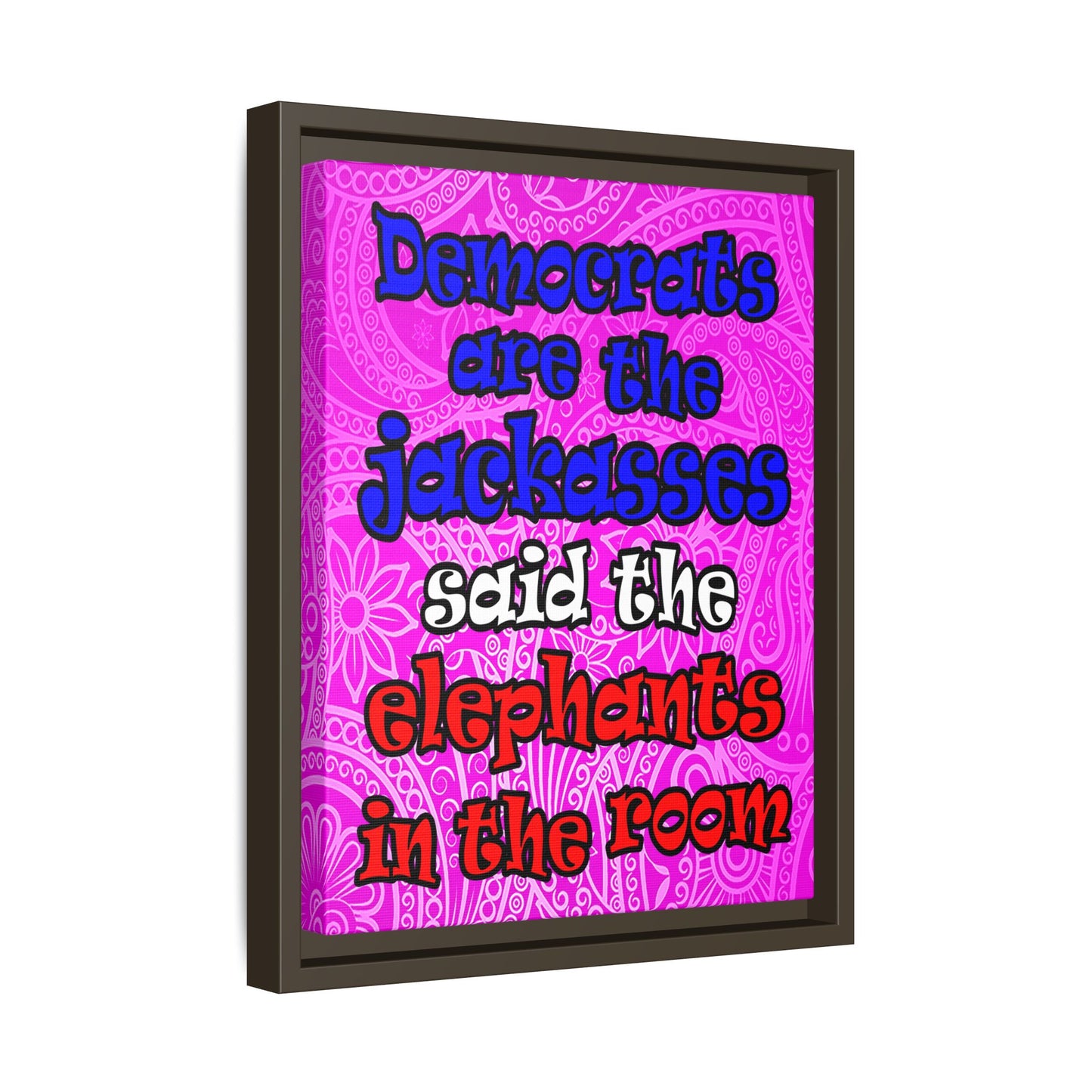 donkeys and elephants - framed canvas art (pink swirl)