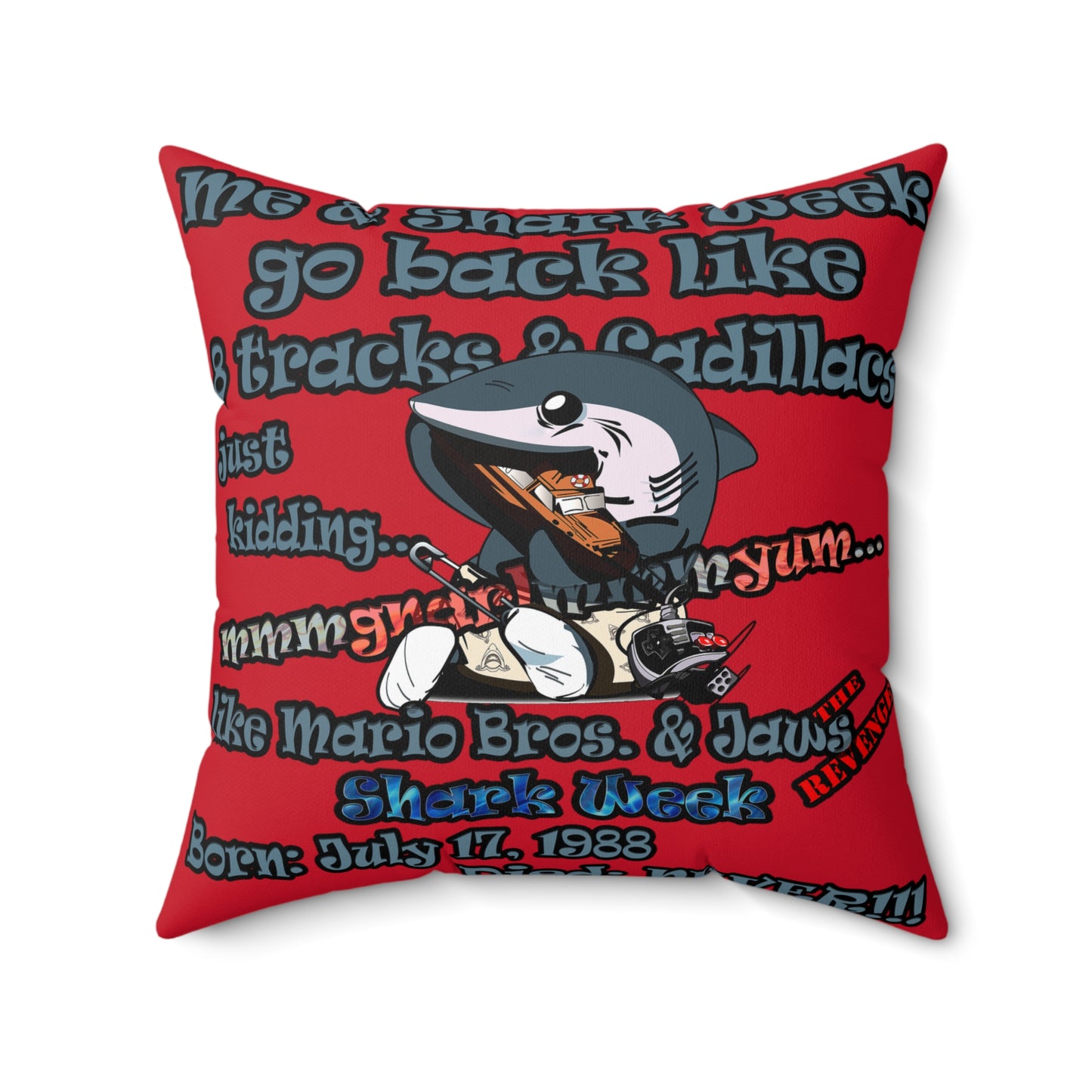 shark week - Spun Polyester Square Pillow - (dark red)