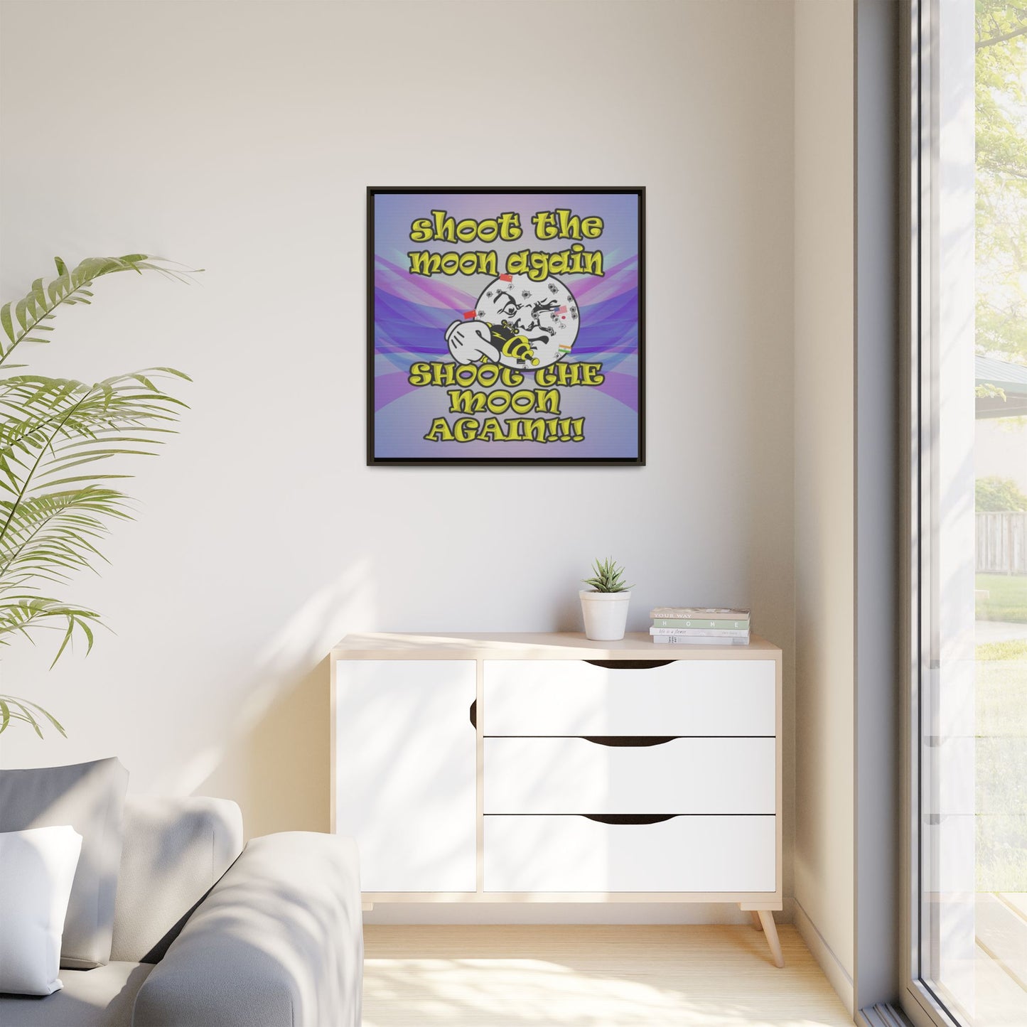shoot the moon again - framed canvas art (light blue-pink wave)