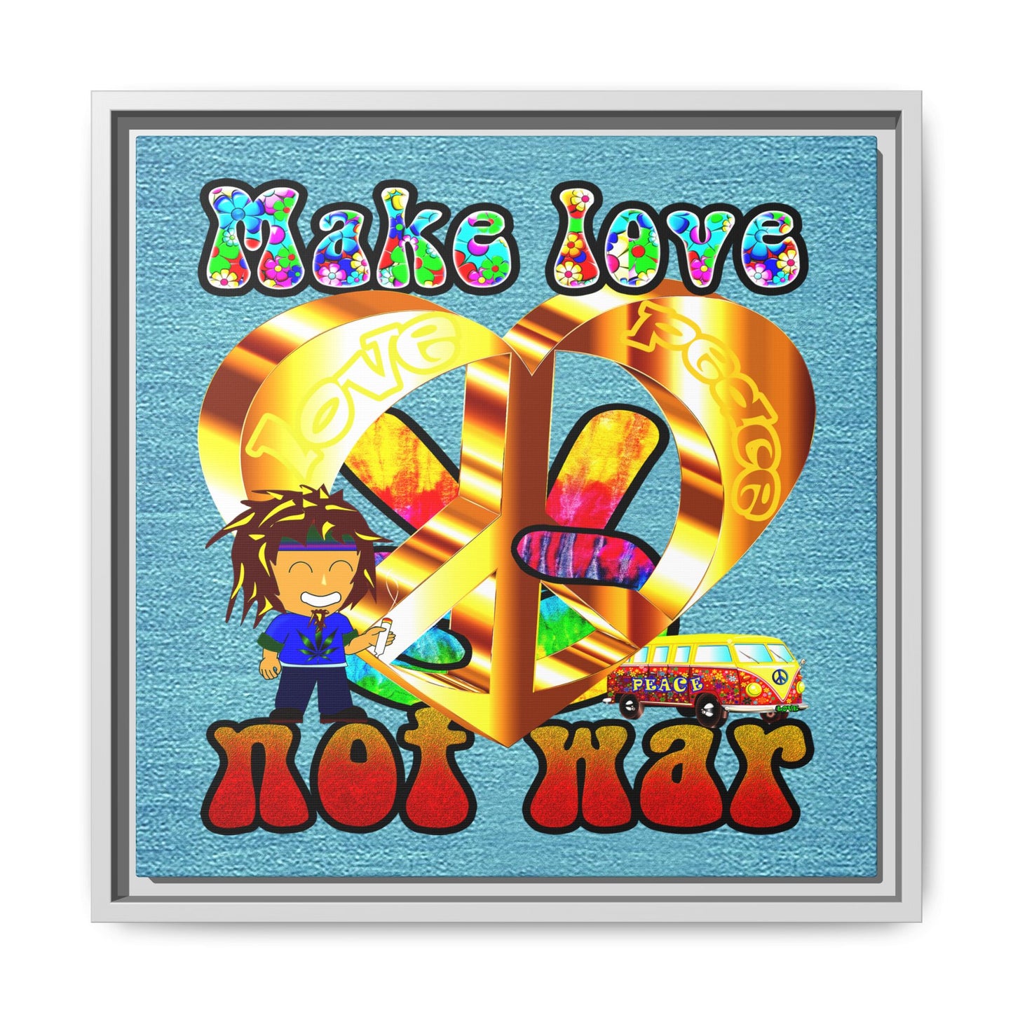love peace - framed canvas art (faded blue)