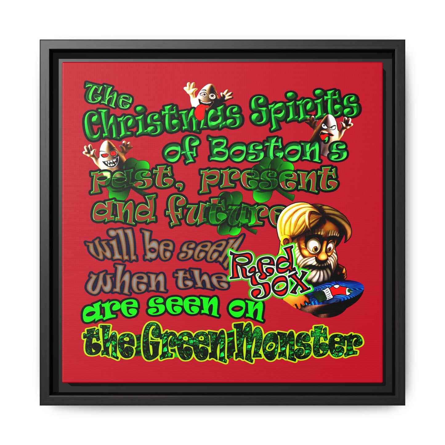 christmas spirits of boston - framed canvas art (dark red)