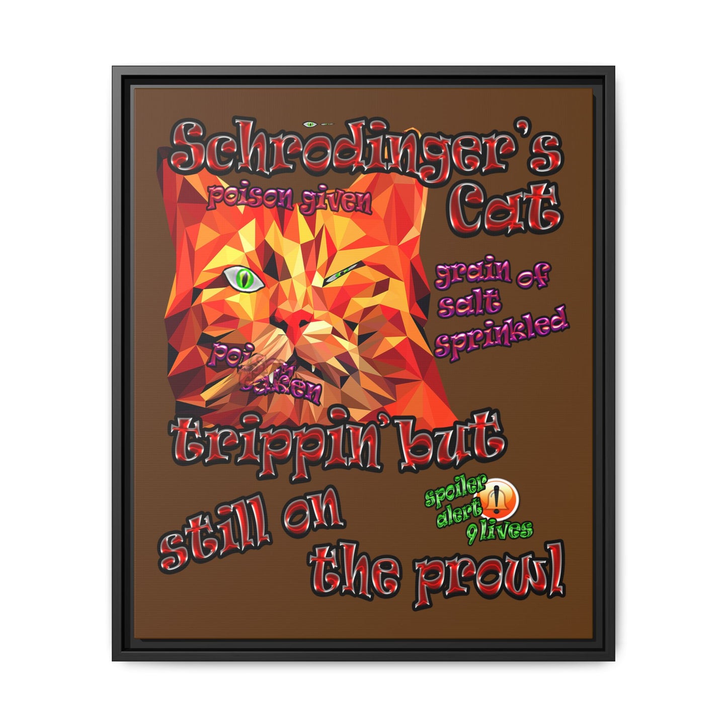 schrodinger's cat - framed canvas art (brown)
