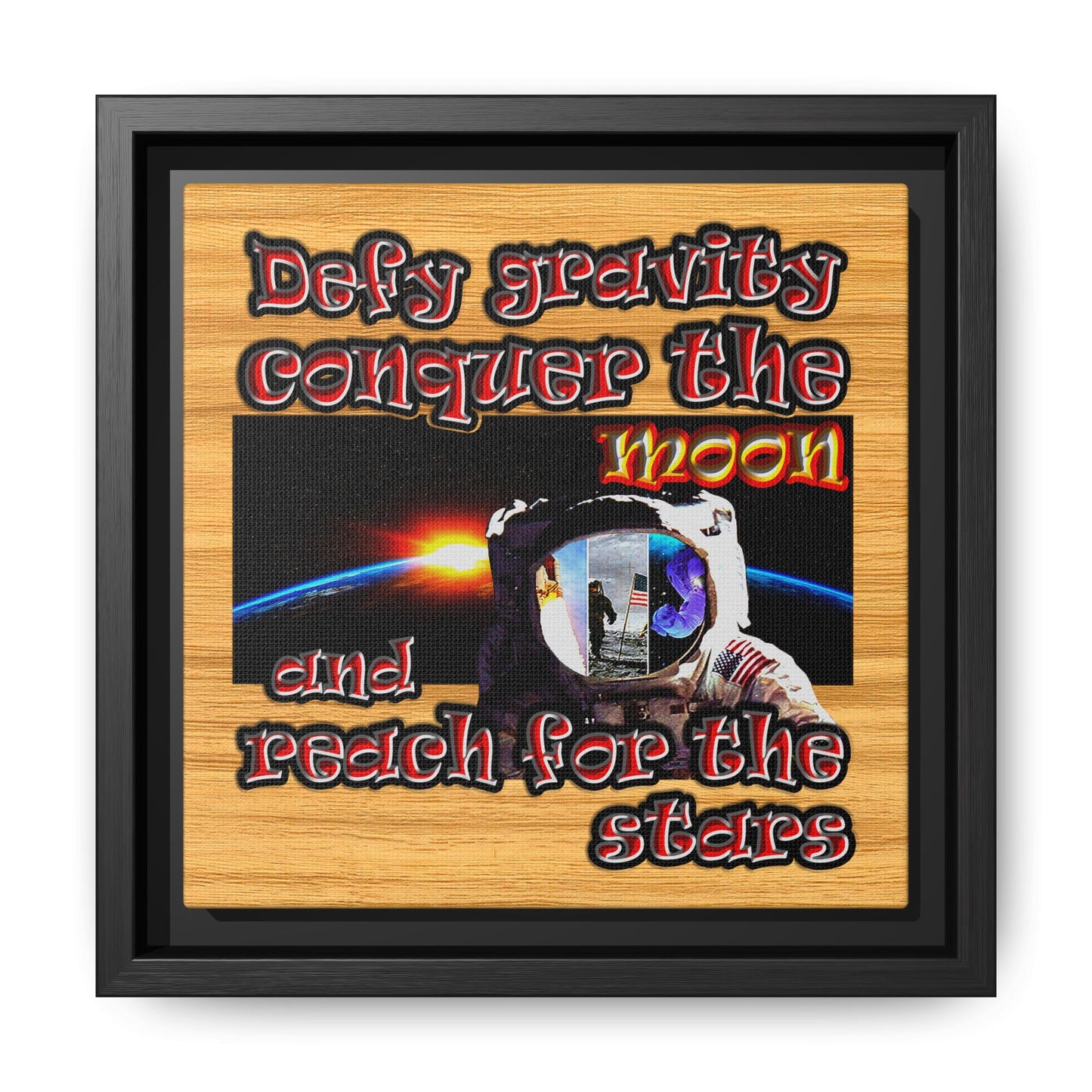 defy conquer reach - framed canvas art (butterscotch wood finish)